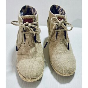 Toms Women Beige Canvas Wedge Ankle Boots Lace Up Espadrille Size 8.5